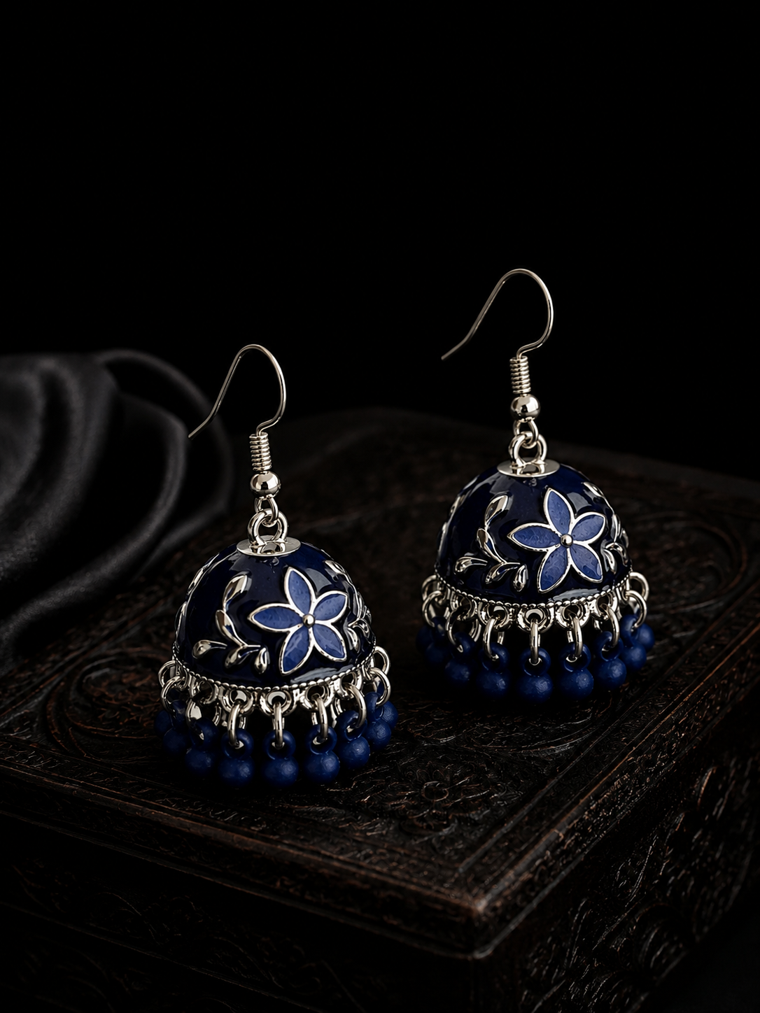Midnight Bloom Blue Floral Jhumka Earrings