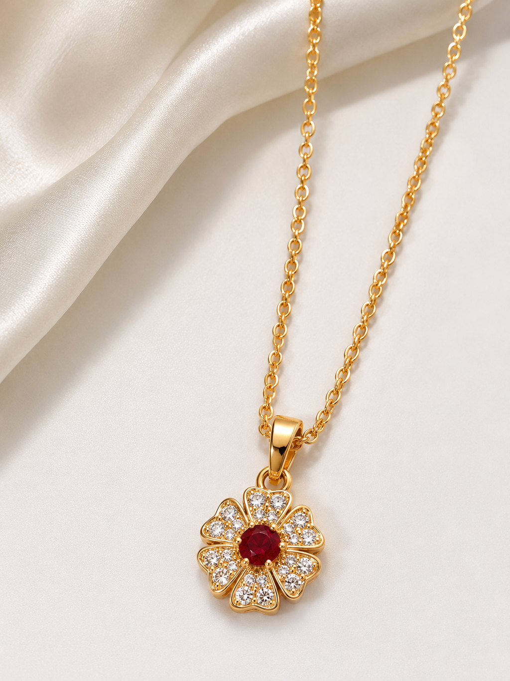 Ruby Red Crystal Flower Pendant Necklace