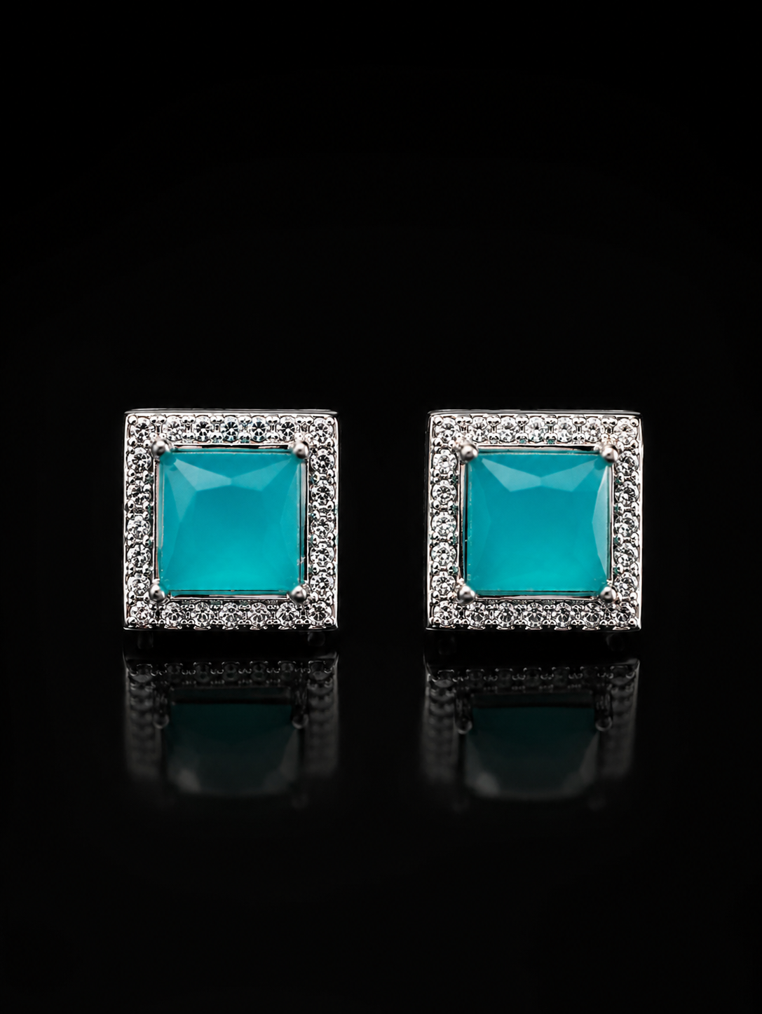 Turquoise Square Halo Stud Earrings
