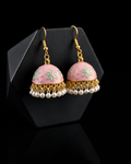 Pastel Pink Enamel Jhumka Earrings with Pearl Drops