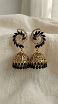 Royal Black & Gold Spiral Statement Jhumka Earrings | Luxury Ethnic Jewelry