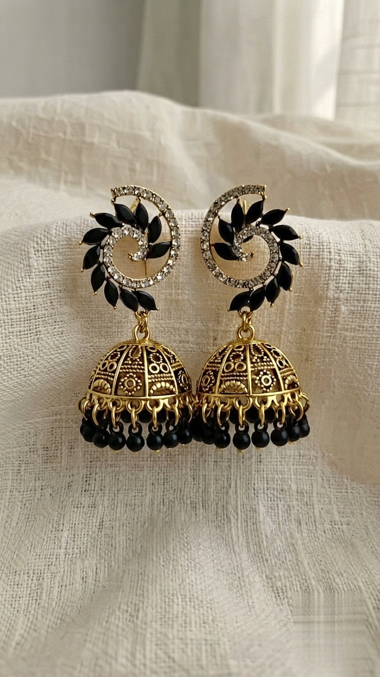 Royal Black & Gold Spiral Statement Jhumka Earrings | Luxury Ethnic Jewelry