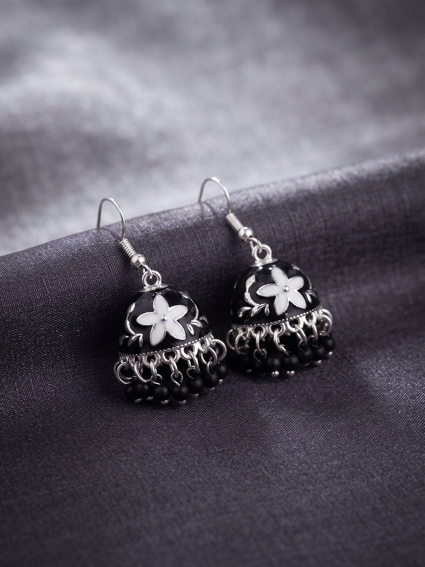 Black Enamel Floral Jhumka Earrings