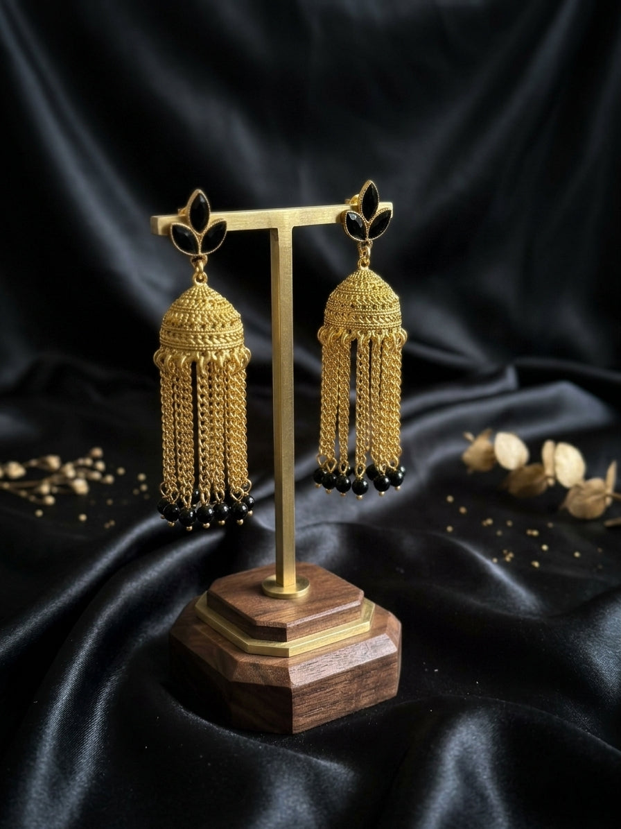 Black Enamel & Cascading Bead Jhumka Earrings | Intricate Gold Filigree