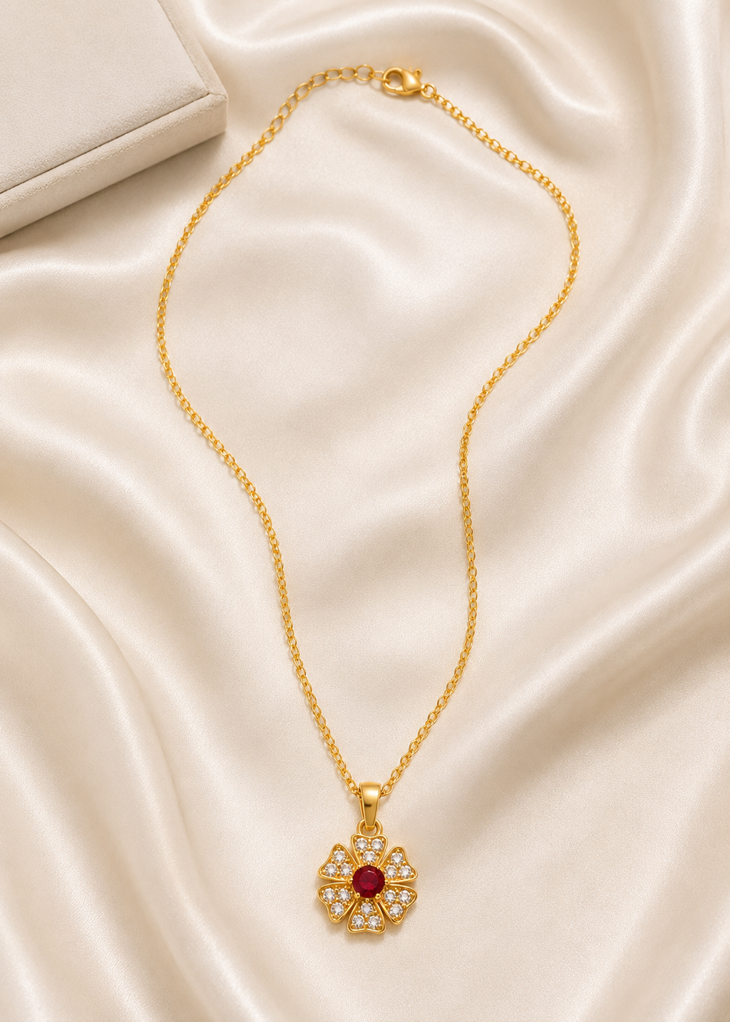 Ruby Red Crystal Flower Pendant Necklace