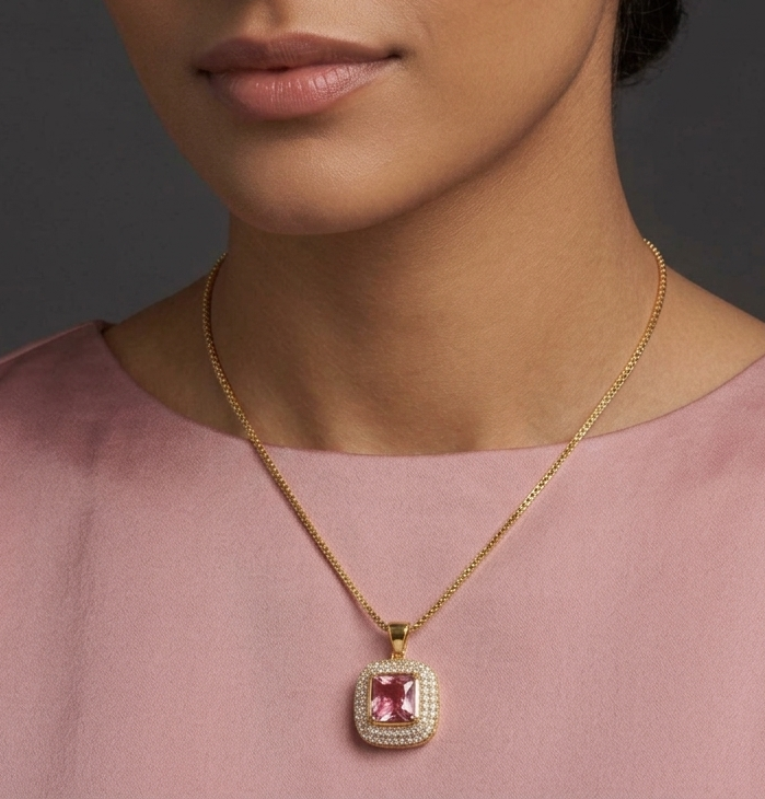 Cushion-Cut Pink Tourmaline Halo Pendant Necklace