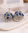 Royal Blue Floral Jhumka Earrings with Pearl Drops