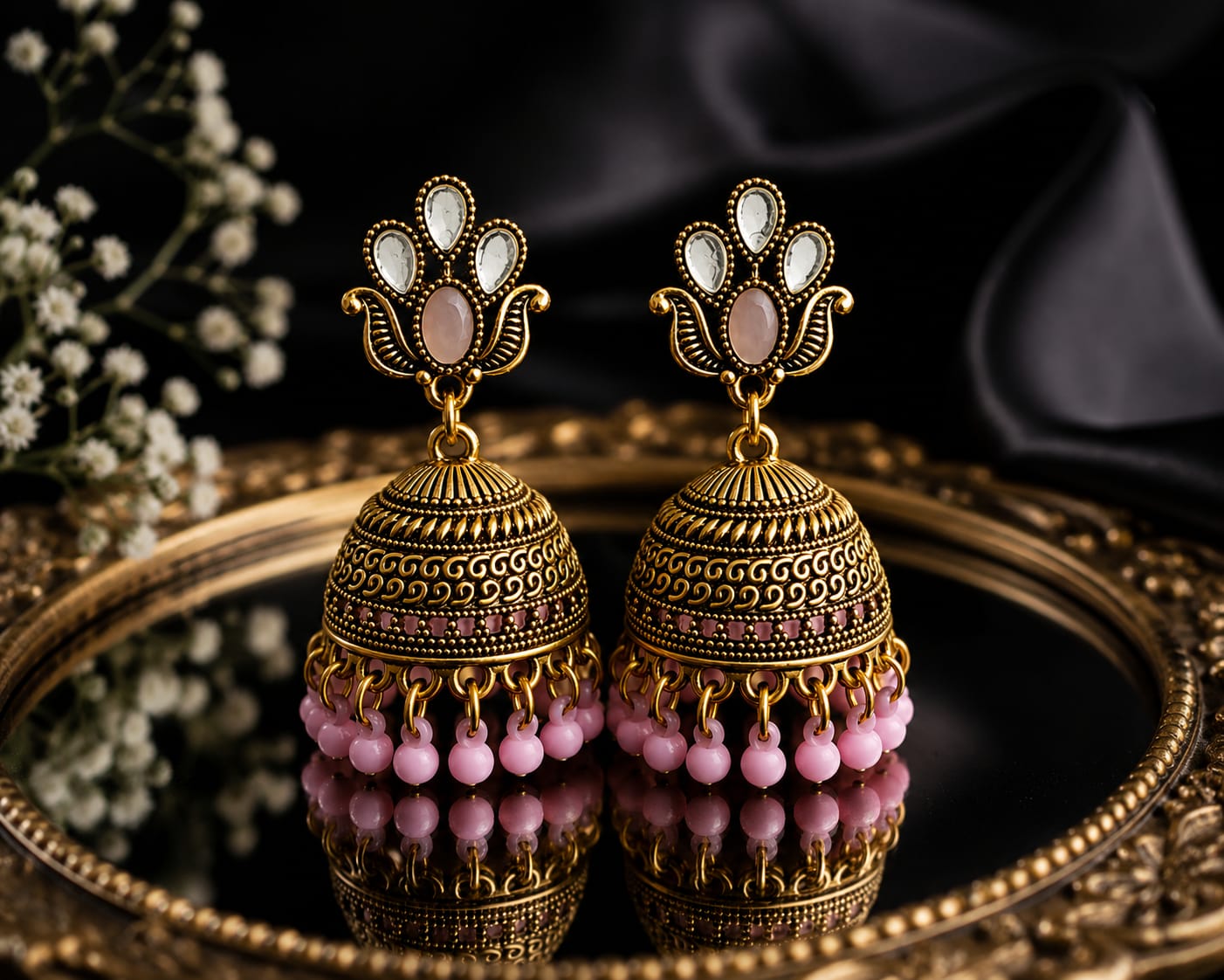 Vintage Gold Pink Jhumka Earrings | Traditional Ethnic Jewelry