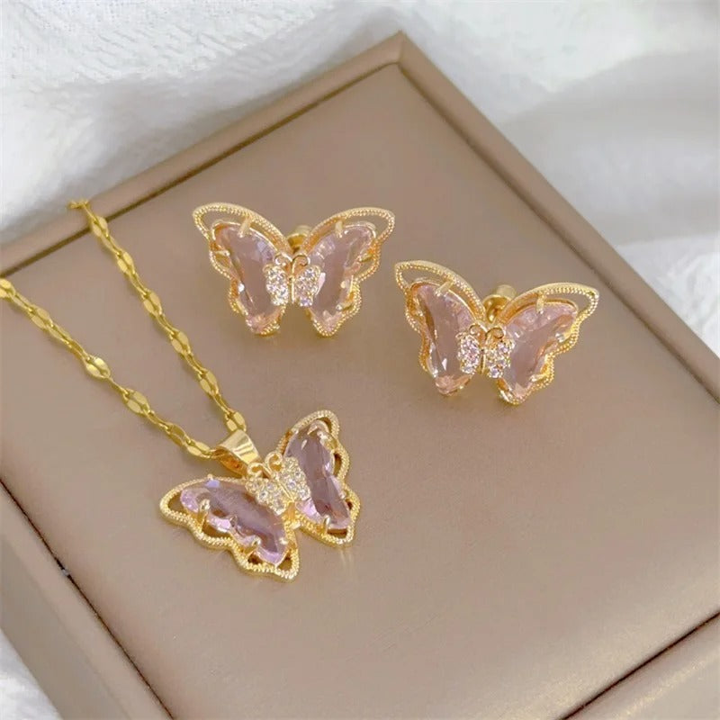 Butterfly Jewelry Set | Pendant Necklace & Stud Earrings